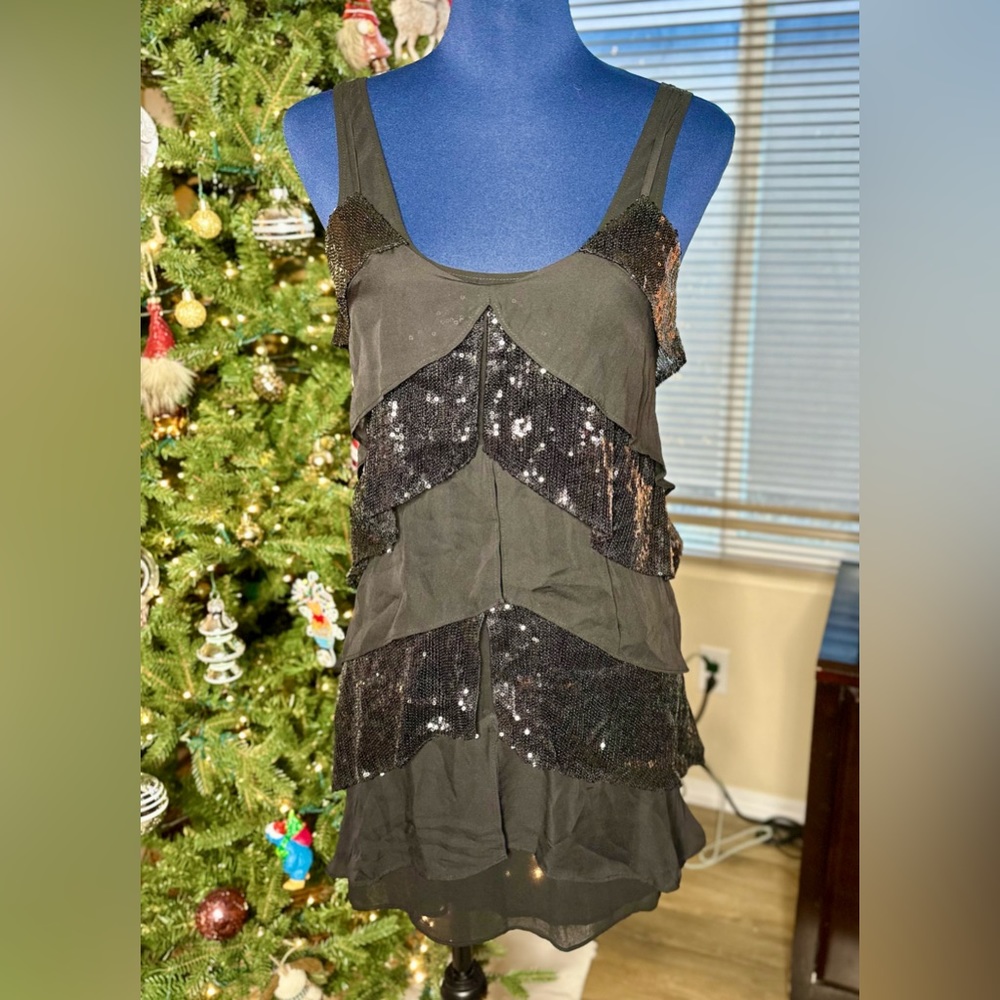 NEW! AX Armani Exchange Black Silk Blend Tulip Tiered Sequined Cocktail Dress